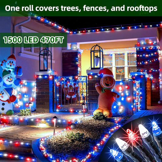 HKM-580755 470FT 1500 LED Outdoor String Lights with 12 Modes, Timer & Dimmable Function, Waterproof Red, Blue & White Lighting for Trees, Garages & Parties