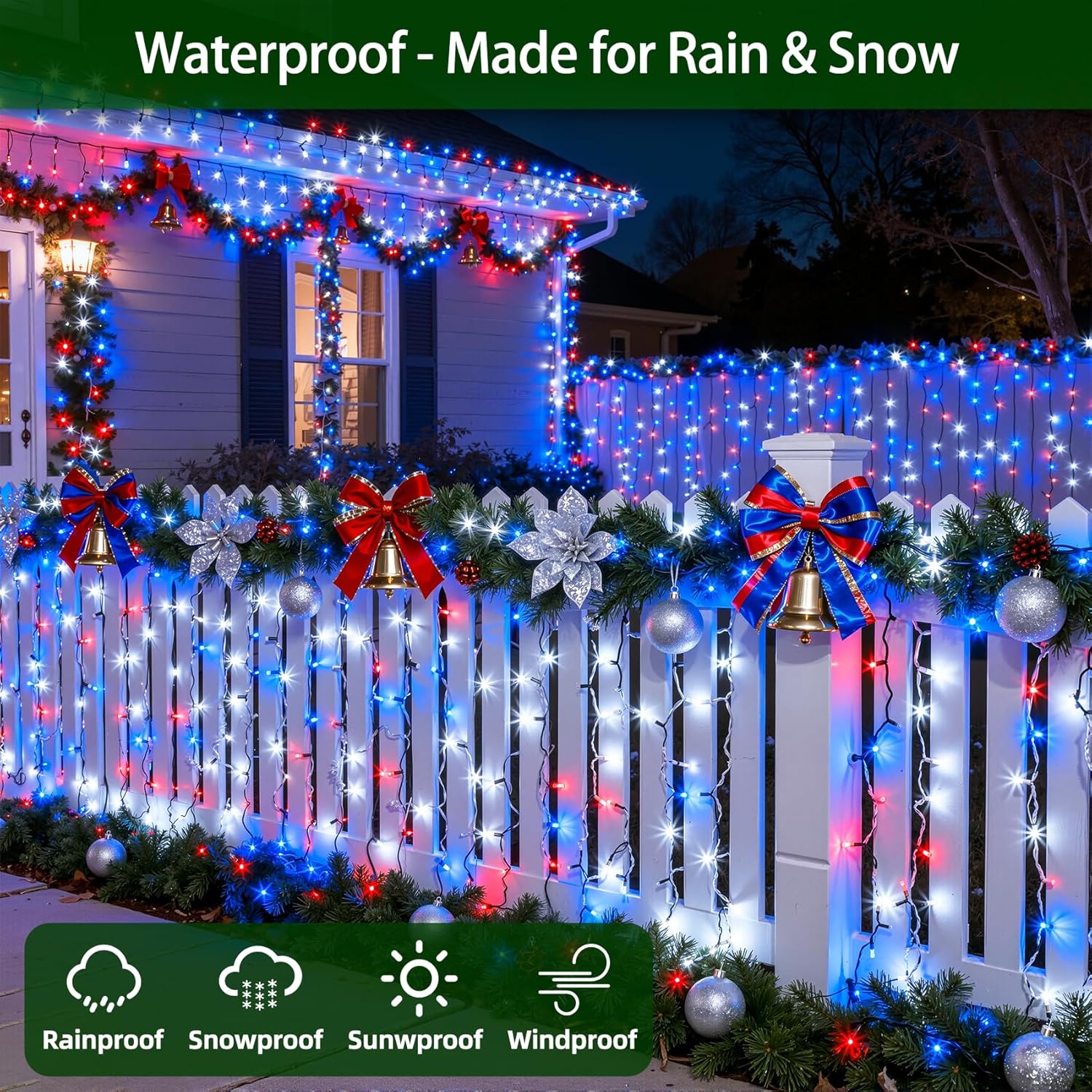HKM-580755 470FT 1500 LED Outdoor String Lights with 12 Modes, Timer & Dimmable Function, Waterproof Red, Blue & White Lighting for Trees, Garages & Parties