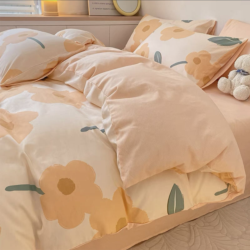 HKM-580883 Washed Cotton Four-Piece Floral Bedding Set in Multiple Sizes