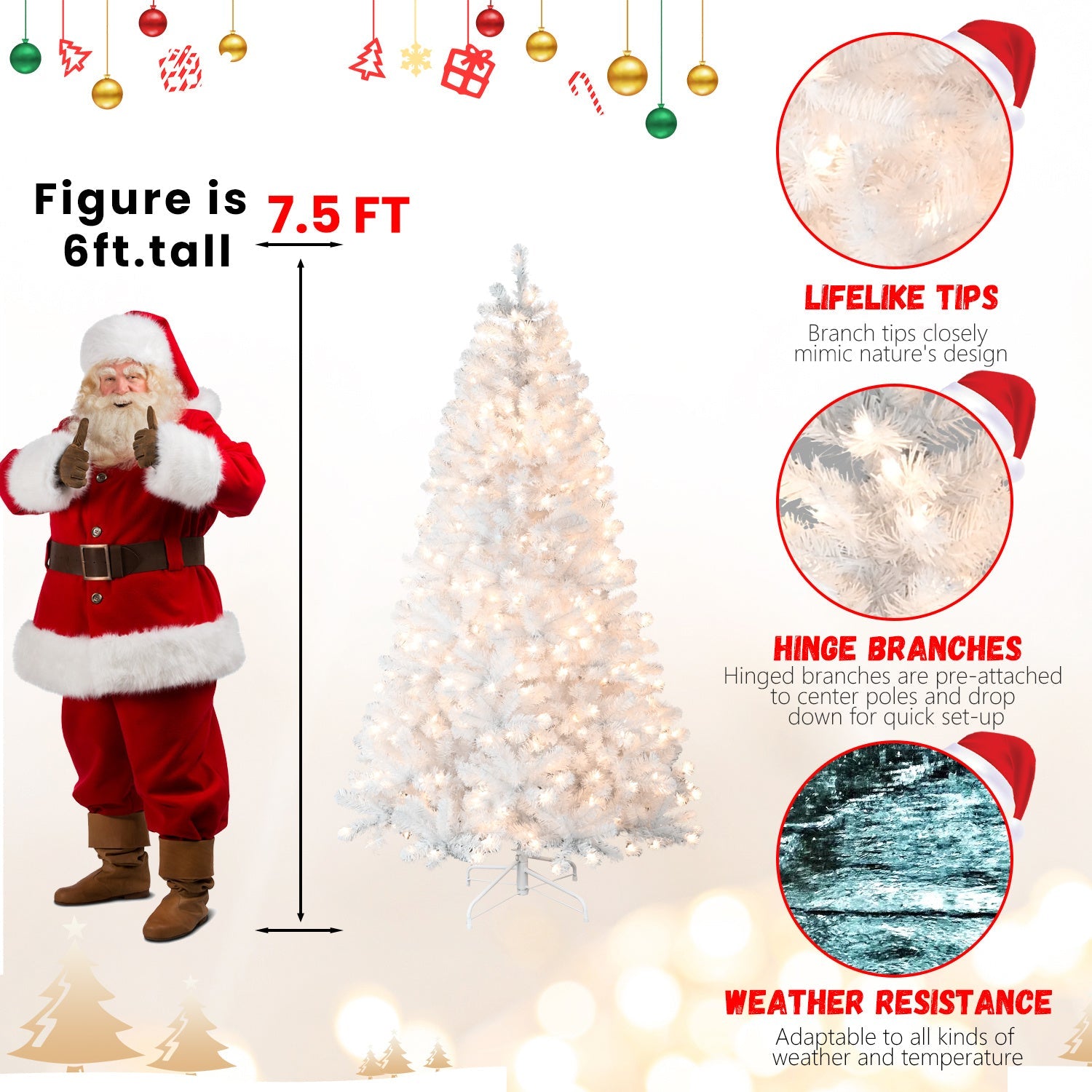 HKM-581011 Prelit White PVC Christmas Tree with Memory Wire - Available in 7.5ft and 9ft Heights