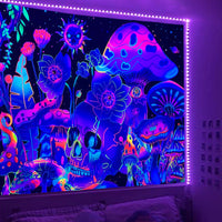 HKM-583699 Fluorescent Skull Geometric Abstract Tapestry - UV Black Light Background Fabric