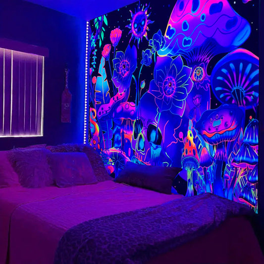 HKM-583699 Fluorescent Skull Geometric Abstract Tapestry - UV Black Light Background Fabric