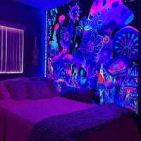 HKM-583699 Fluorescent Skull Geometric Abstract Tapestry - UV Black Light Background Fabric