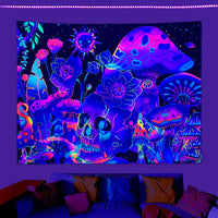 HKM-583699 Fluorescent Skull Geometric Abstract Tapestry - UV Black Light Background Fabric