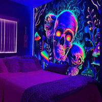 HKM-583699 Fluorescent Skull Geometric Abstract Tapestry - UV Black Light Background Fabric