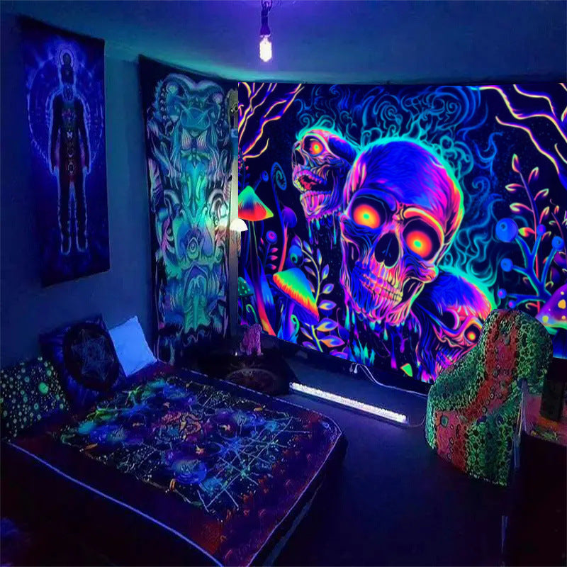 HKM-583699 Fluorescent Skull Geometric Abstract Tapestry - UV Black Light Background Fabric