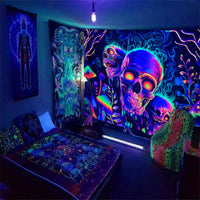 HKM-583699 Fluorescent Skull Geometric Abstract Tapestry - UV Black Light Background Fabric