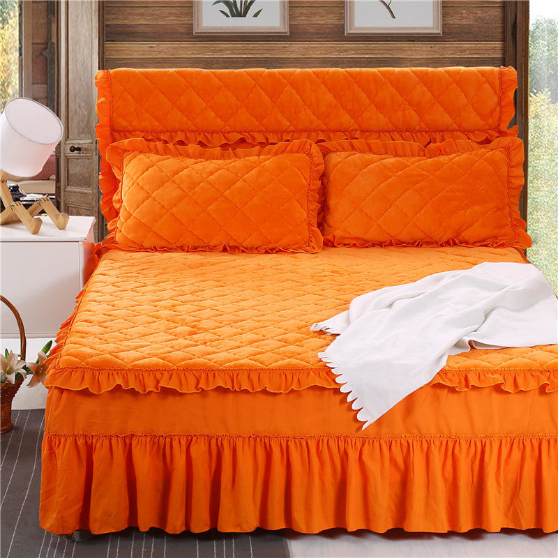 HKM-584019 Flannel Solid Color Bed Cover in Palace Style - Fits Bed Size 180X200-220 cm