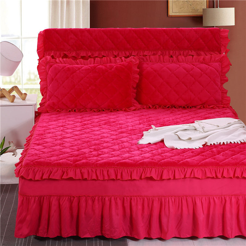 HKM-584019 Flannel Solid Color Bed Cover in Palace Style - Fits Bed Size 180X200-220 cm