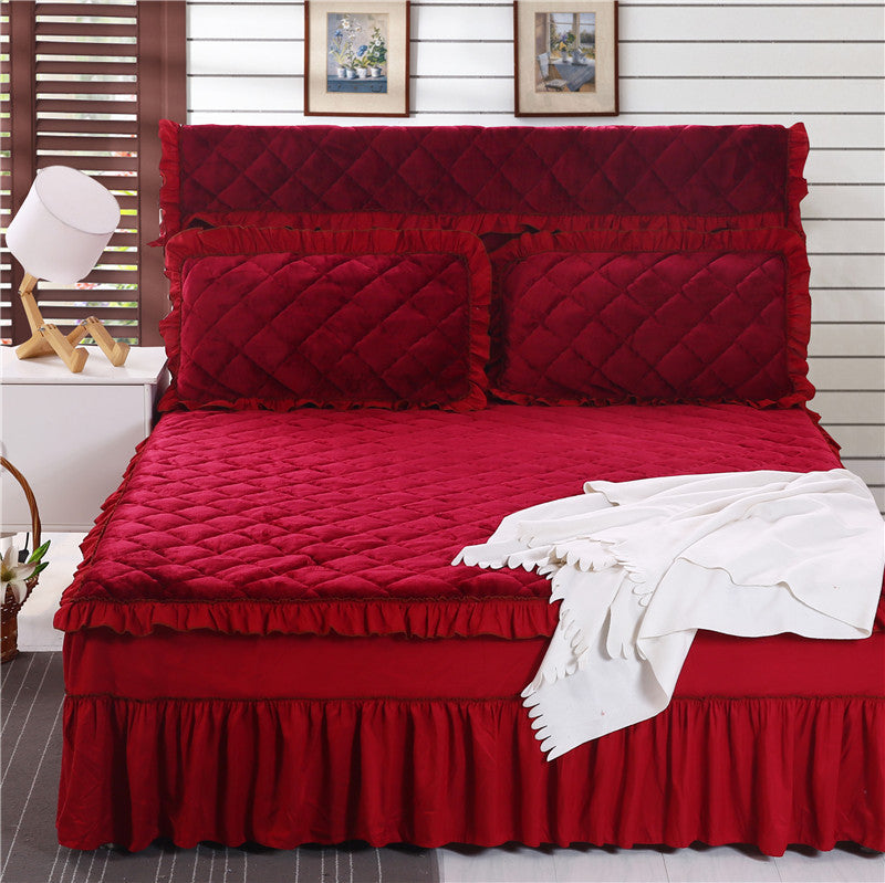 HKM-584019 Flannel Solid Color Bed Cover in Palace Style - Fits Bed Size 180X200-220 cm