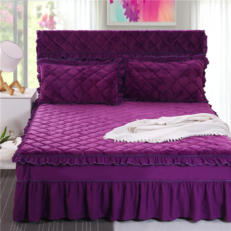 HKM-584019 Flannel Solid Color Bed Cover in Palace Style - Fits Bed Size 180X200-220 cm