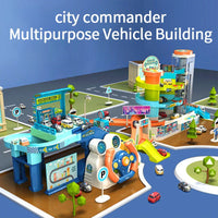 HKM-584275 Urban Rail Traffic Slot Parking Lot Toy for Kids - DIY Assembly Car Track with Steering Wheel - Ages 3+