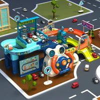 HKM-584275 Urban Rail Traffic Slot Parking Lot Toy for Kids - DIY Assembly Car Track with Steering Wheel - Ages 3+