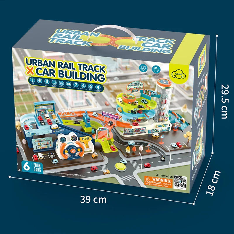 HKM-584275 Urban Rail Traffic Slot Parking Lot Toy for Kids - DIY Assembly Car Track with Steering Wheel - Ages 3+