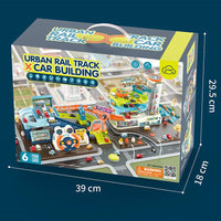 HKM-584275 Urban Rail Traffic Slot Parking Lot Toy for Kids - DIY Assembly Car Track with Steering Wheel - Ages 3+