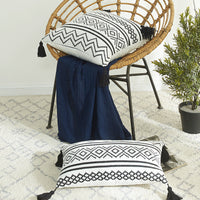 HKM-584403 Nordic Chenille Geometric Throw Pillow with Jacquard Tassel in Black and White - Available in Two Sizes