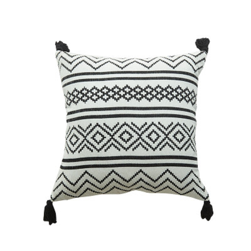 HKM-584403 Nordic Chenille Geometric Throw Pillow with Jacquard Tassel in Black and White - Available in Two Sizes