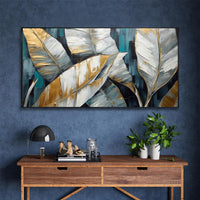 HKM-585107 Abstract Golden Green Banana Leaves Oil Painting on Canvas - Unframed Modern Wall Art for Living and Bedroom Décor