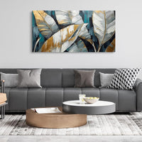 HKM-585107 Abstract Golden Green Banana Leaves Oil Painting on Canvas - Unframed Modern Wall Art for Living and Bedroom Décor