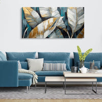 HKM-585107 Abstract Golden Green Banana Leaves Oil Painting on Canvas - Unframed Modern Wall Art for Living and Bedroom Décor