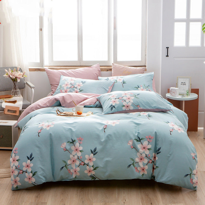 HKM-585171 Cotton 4-Piece Bedding Set with Floral and Plant Patterns