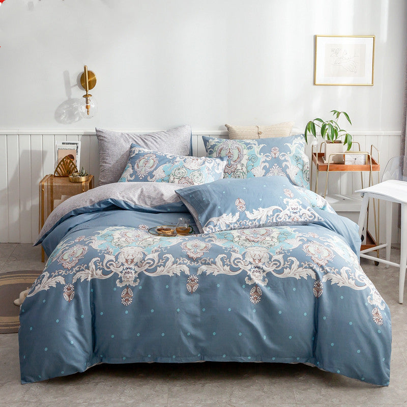HKM-585171 Cotton 4-Piece Bedding Set with Floral and Plant Patterns