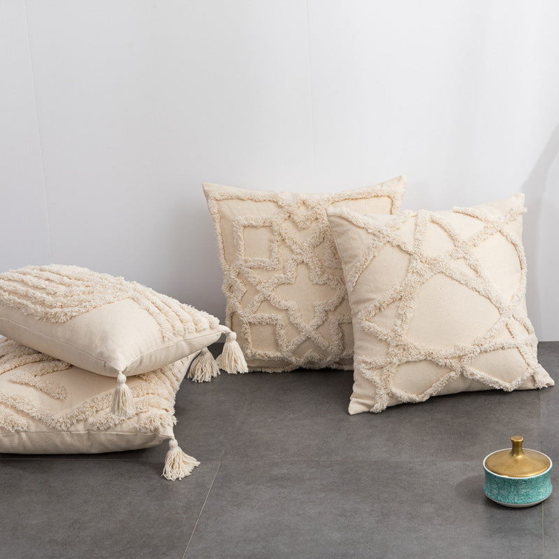 HKM-585299 Bohemian Cotton Cushion Cover with Fringes - 45x45cm