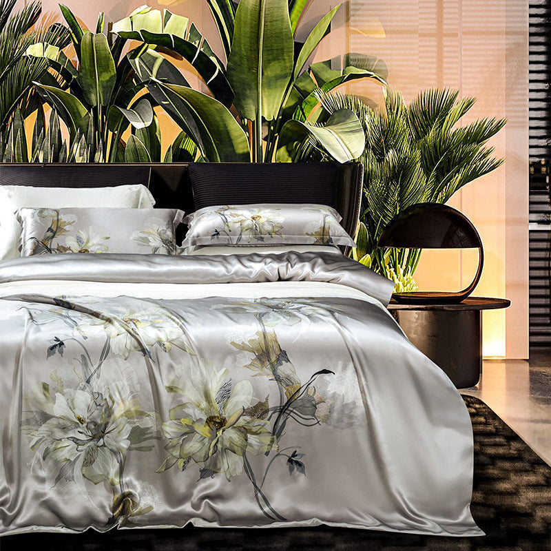 HKM-585491 Digital Printed Four-Piece Bedding Set with Plant and Flower Design, Silk Material, 220x240cm