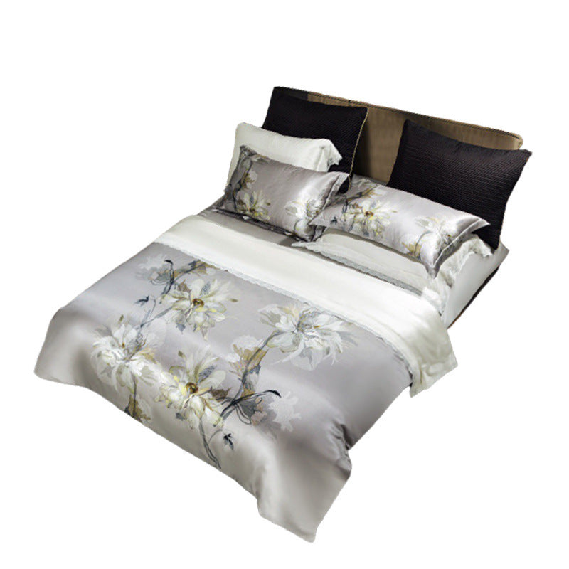 HKM-585491 Digital Printed Four-Piece Bedding Set with Plant and Flower Design, Silk Material, 220x240cm