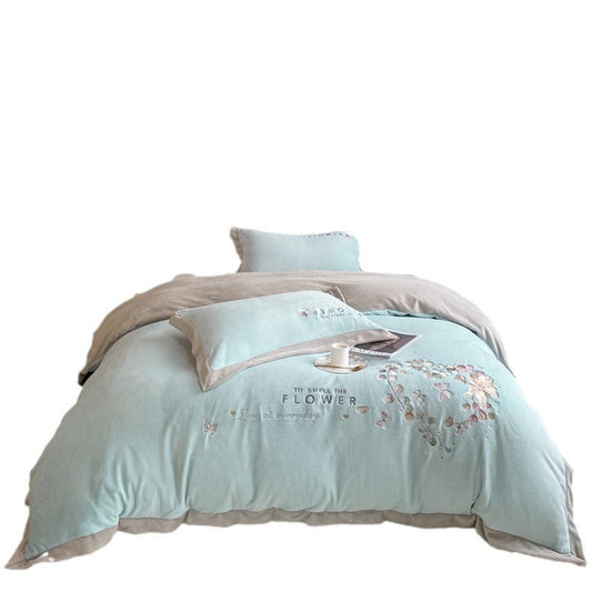 HKM-585491 Solid Color Thick Thermal Coral Fleece 4-Piece Bedding Set for 1.5m, 1.8m, and 2.0m Beds