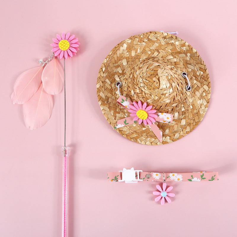HKM-585875 Small Daisy Sun Flower Bell Funny Cat Stick Collar Bow Straw Hat