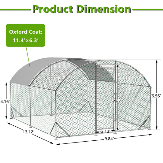 HKM-586323 Large Metal Chicken Coop with Waterproof Cover, Walk-in Chicken Run for Outdoor Use - 9.84 x 13.12 x 6.56 Ft