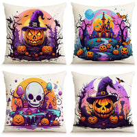 HKM-586323 Skull Pumpkin Halloween Linen Pillow Cover - 45x45cm Decorative Cushion Case