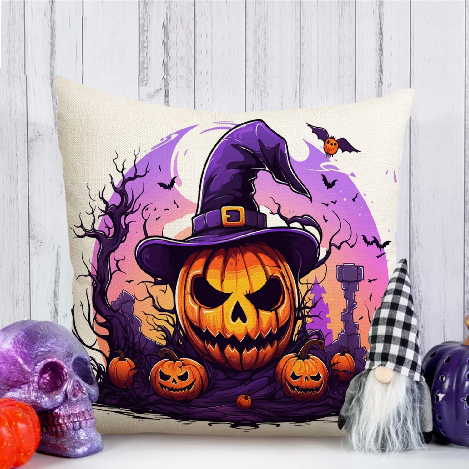 HKM-586323 Skull Pumpkin Halloween Linen Pillow Cover - 45x45cm Decorative Cushion Case