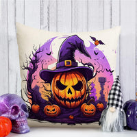 HKM-586323 Skull Pumpkin Halloween Linen Pillow Cover - 45x45cm Decorative Cushion Case