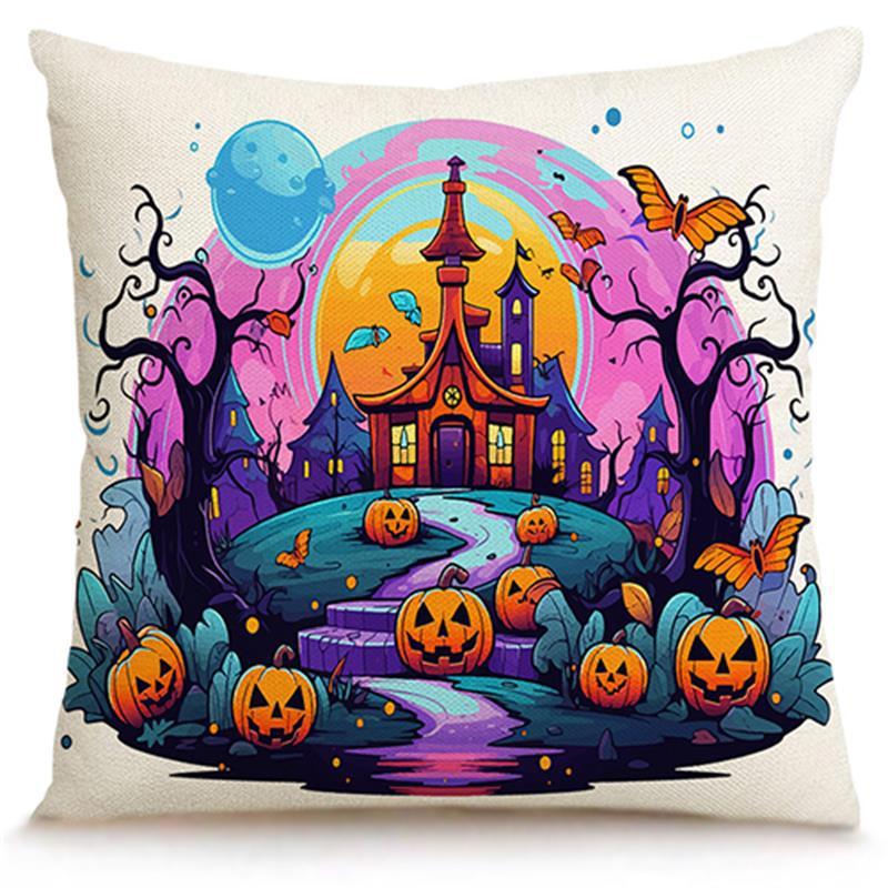 HKM-586323 Skull Pumpkin Halloween Linen Pillow Cover - 45x45cm Decorative Cushion Case