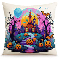 HKM-586323 Skull Pumpkin Halloween Linen Pillow Cover - 45x45cm Decorative Cushion Case