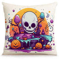 HKM-586323 Skull Pumpkin Halloween Linen Pillow Cover - 45x45cm Decorative Cushion Case