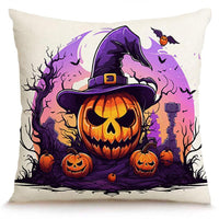 HKM-586323 Skull Pumpkin Halloween Linen Pillow Cover - 45x45cm Decorative Cushion Case