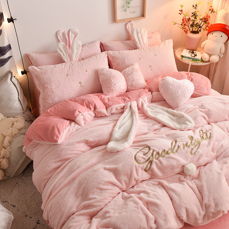 HKM-586451 Velvet Princess Style Baby Bedding Set - Duvet Cover, Bed Sheets, and Pillowcases in Cartoon Patterns