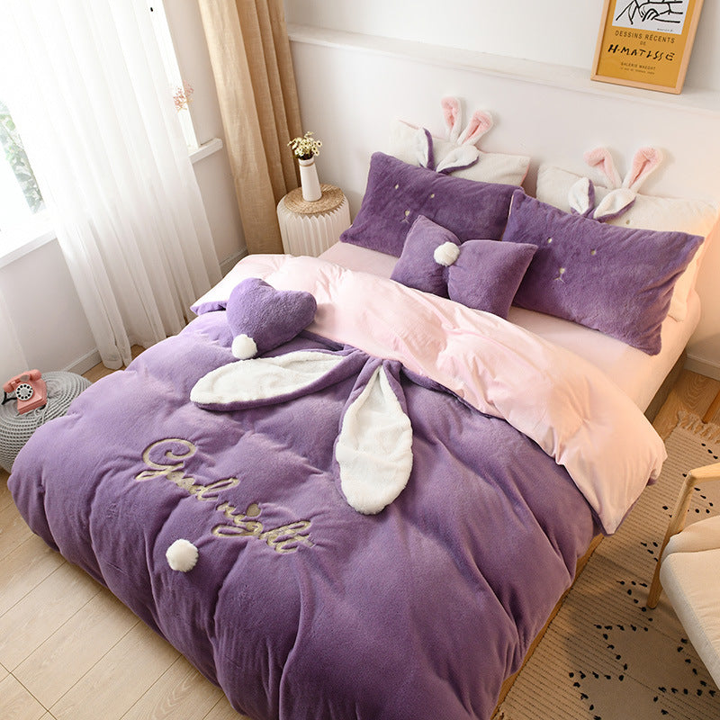 HKM-586451 Velvet Princess Style Baby Bedding Set - Duvet Cover, Bed Sheets, and Pillowcases in Cartoon Patterns