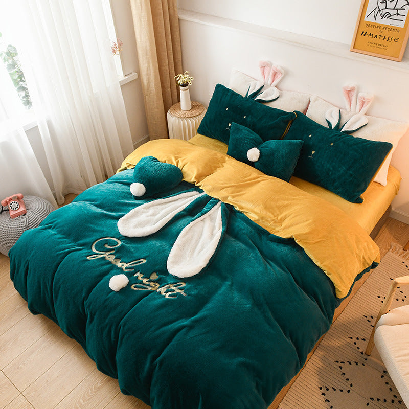 HKM-586451 Velvet Princess Style Baby Bedding Set - Duvet Cover, Bed Sheets, and Pillowcases in Cartoon Patterns