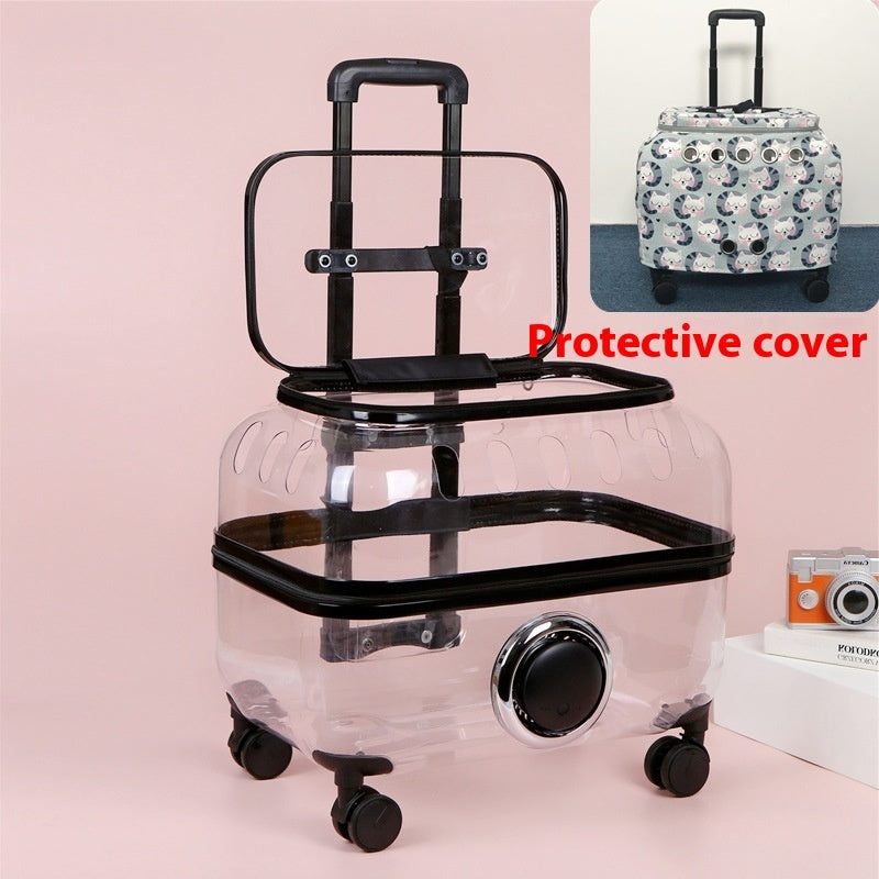 HKM-586515 Transparent Space Capsule Cat Trolley Bag with Protective Cover - Portable Pet Luggage for Cats Up to 13kg