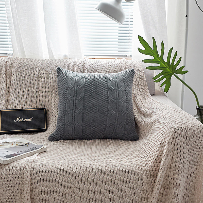 HKM-586707 Nordic Handmade Wool Knit Pillowcase with Fringed Edge and Invisible Zipper, 45 x 45cm