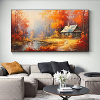 HKM-587411 Handmade Reddish Orange Tree Oil Painting on Canvas for Home Decor