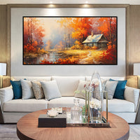 HKM-587411 Handmade Reddish Orange Tree Oil Painting on Canvas for Home Decor