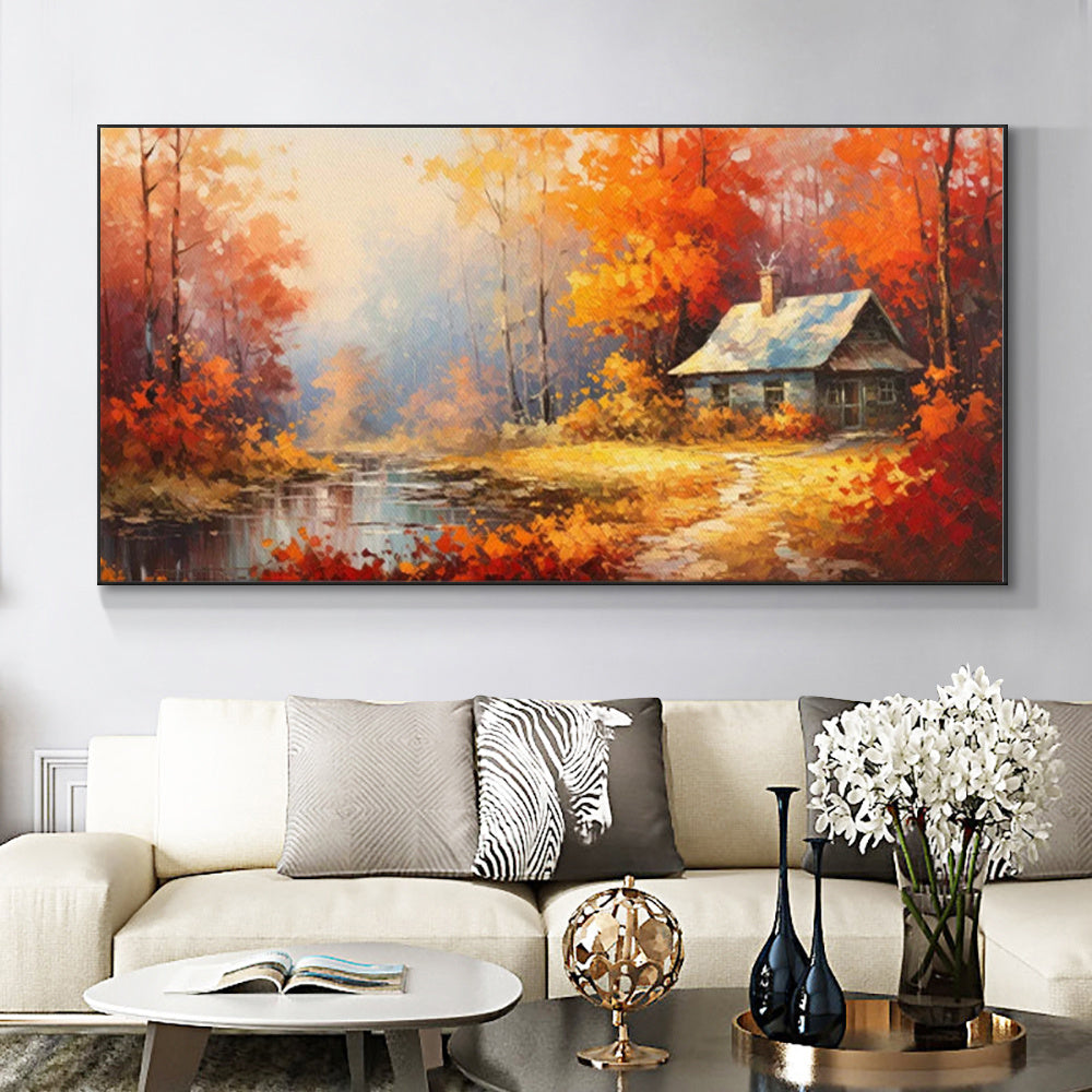 HKM-587411 Handmade Reddish Orange Tree Oil Painting on Canvas for Home Decor