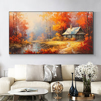 HKM-587411 Handmade Reddish Orange Tree Oil Painting on Canvas for Home Decor