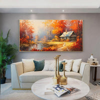 HKM-587411 Handmade Reddish Orange Tree Oil Painting on Canvas for Home Decor
