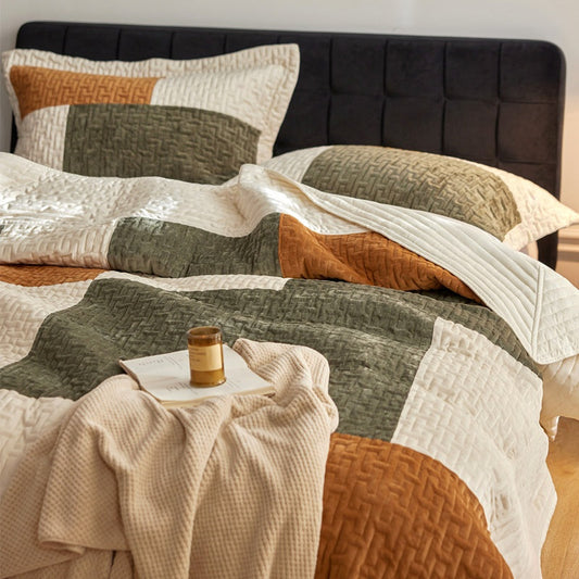 HKM-587475 Premium Velvet Bed Cover Set with Pillowcases – Solid Color, Creative Design, 230x245cm